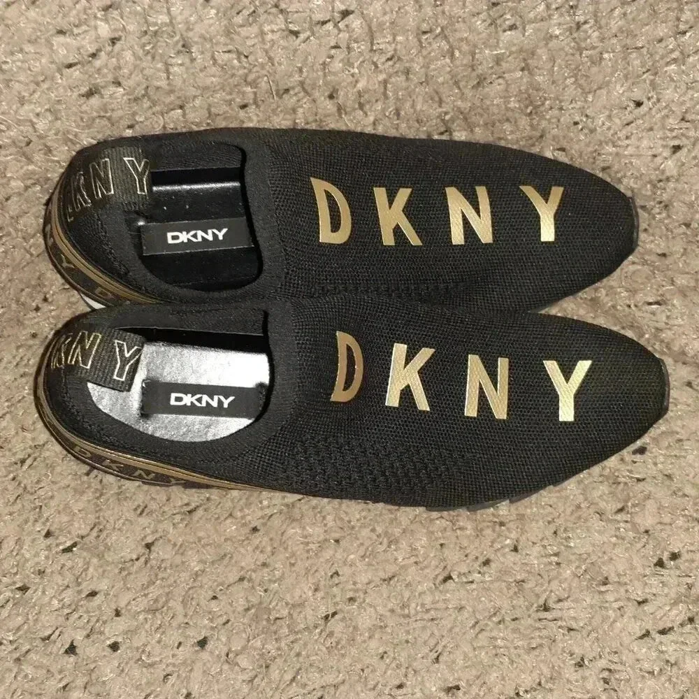 DKNY-Abbi Pull On Sock Sneaker-Air Knit-Black/White/Gold-Sz 9.5-Near Mint - Picture 7 of 8